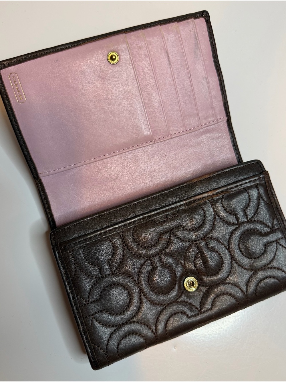 Coach Leather Quilted Wallet - brown trifold